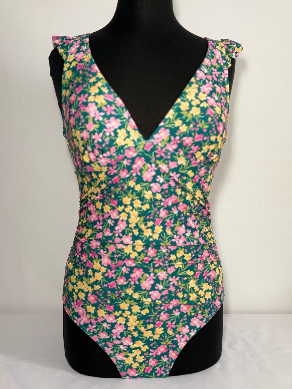 Kona Sol Teal Floral One-Piece Swimsuit with Pink & Yellow Flowers